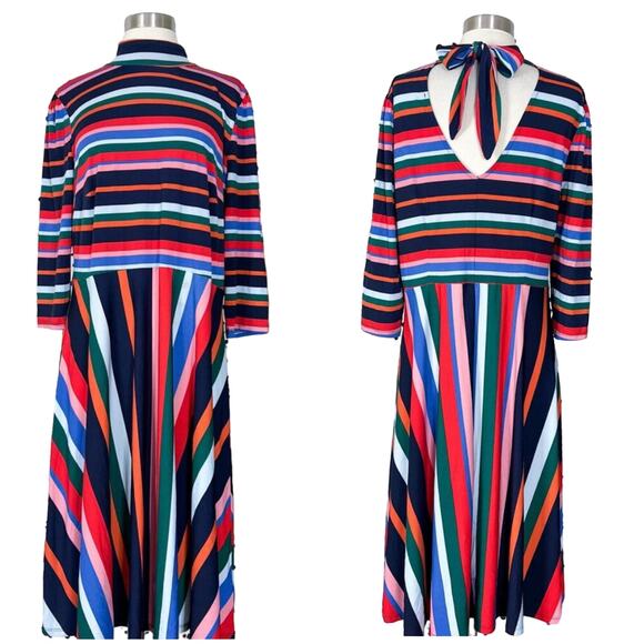 Eloquii | Striped Colorful Mock Neck Tie Half Sleeve Red Blue Plus Size Dress 14 - Picture 1 of 12